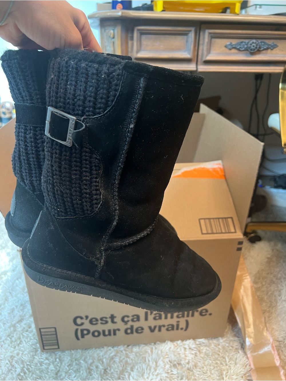 BearPaw Black Suede Knit-Trim Mid-Calf Boot with Buckle